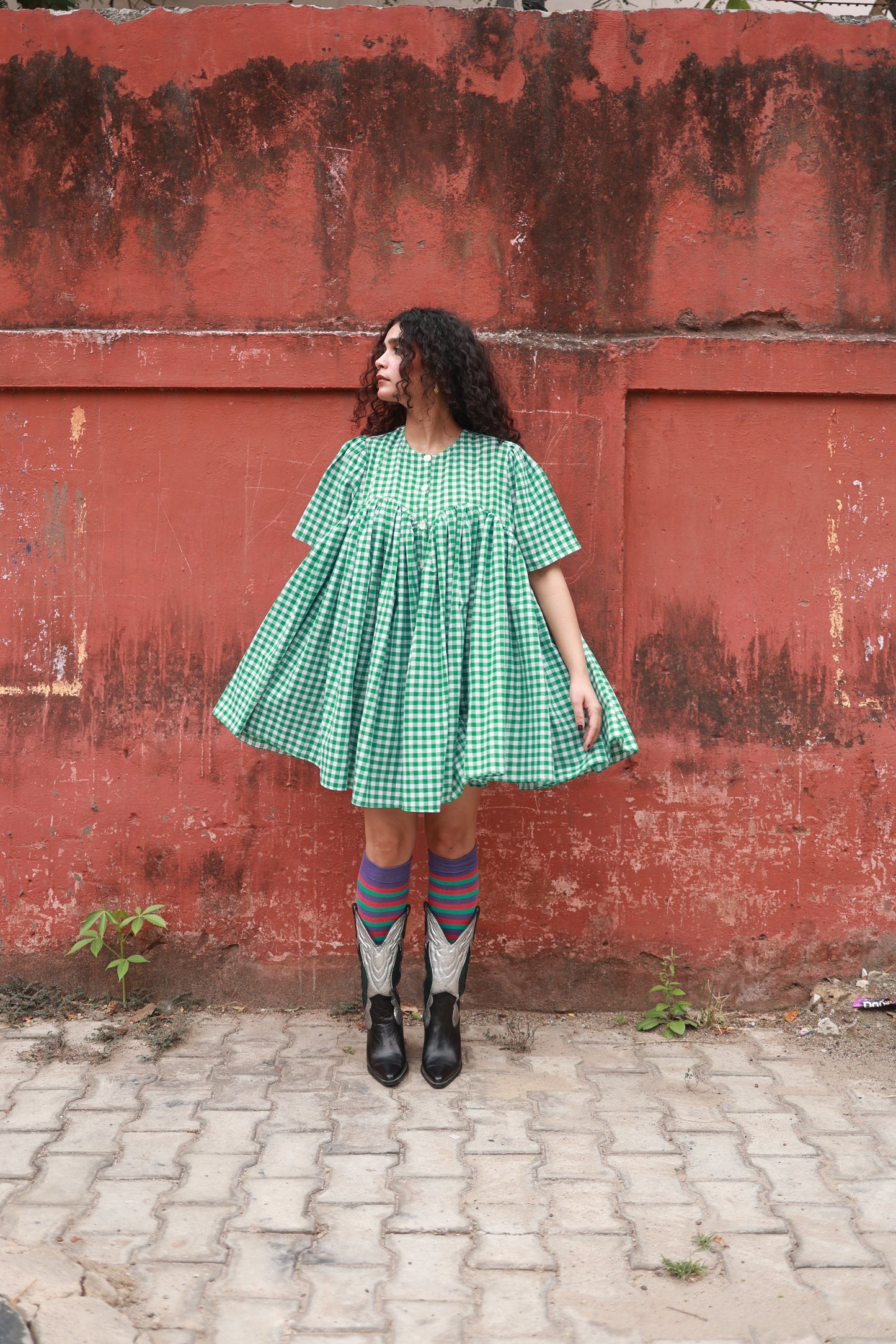 'I am Damn Fun' Dress (Green Gingham)