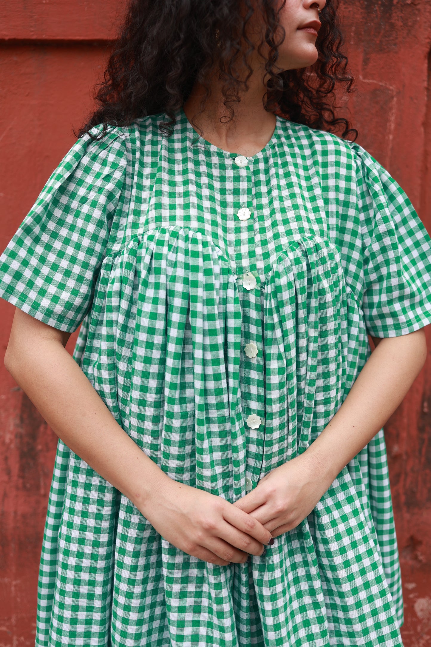 'I am Damn Fun' Dress (Green Gingham)