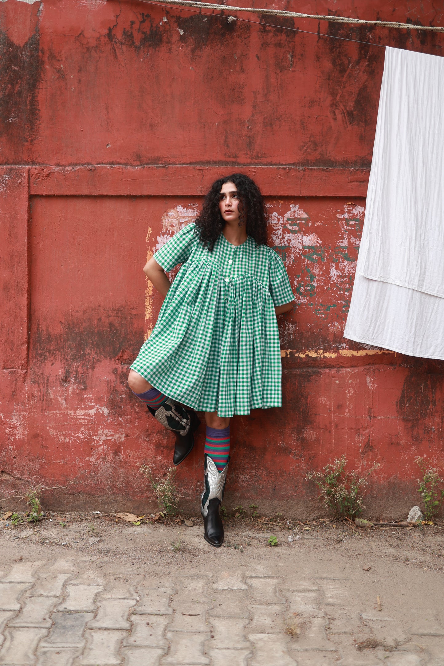 'I am Damn Fun' Dress (Green Gingham)